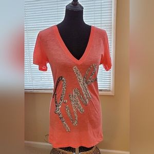 PINK VS Victoria's Secret T-shirt Long Top Size L Large Sequins Logo V neck